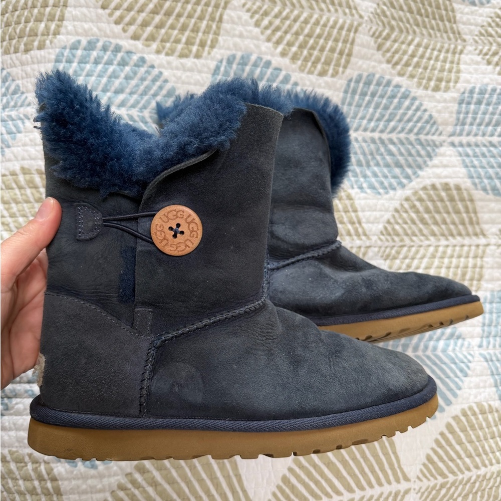 UGG Navy Shearling Boots with Button Detail